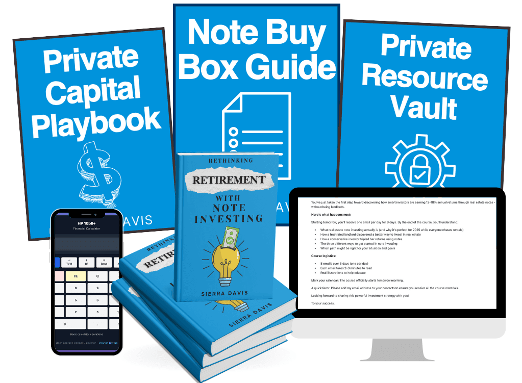 Private Capital Playbook, Note Buy Box Guide, Private Resource Vault, calculator app, and email course included with the book